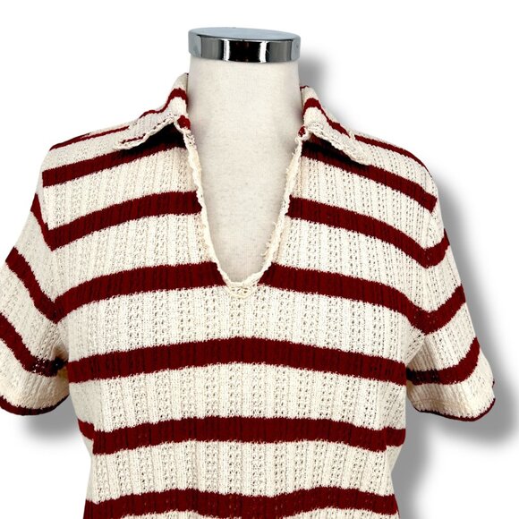 Madewell Bali Crochet Polo Red White Striped Short Sleeve Top Size Medium NWT - Picture 2 of 11
